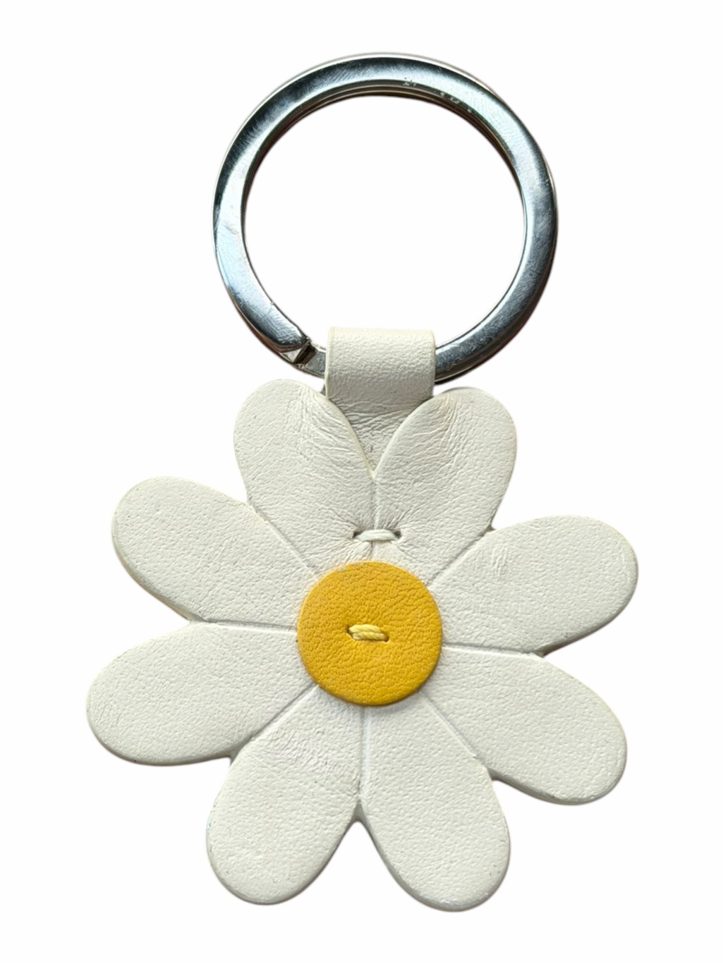 Coach Daisy Flower Keychain White Leather Yellow Floral Bag Charm Silver Fob